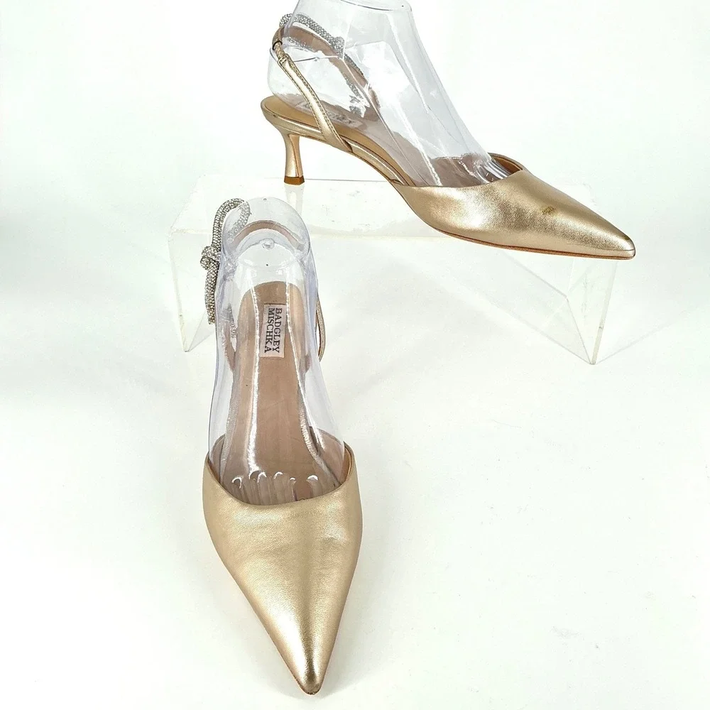 Badgley Mischka Size 8 Champagne Gold Leather Rhinestone Bow Kitten Heel NEW$255
